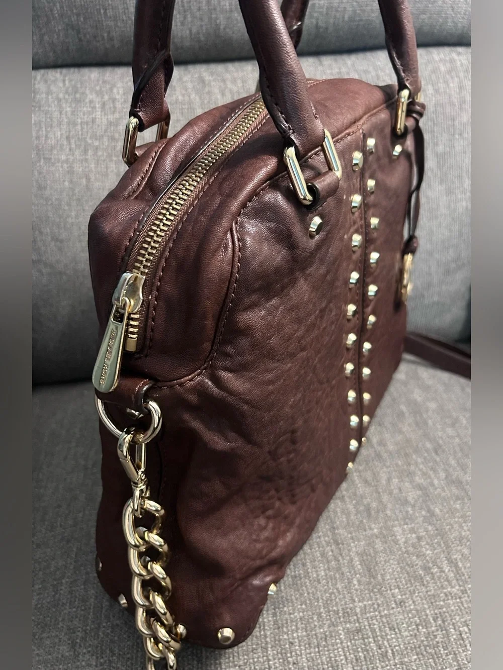 Michael Kors Brown Studded Leather Satchel with leather & chain crossbody strap